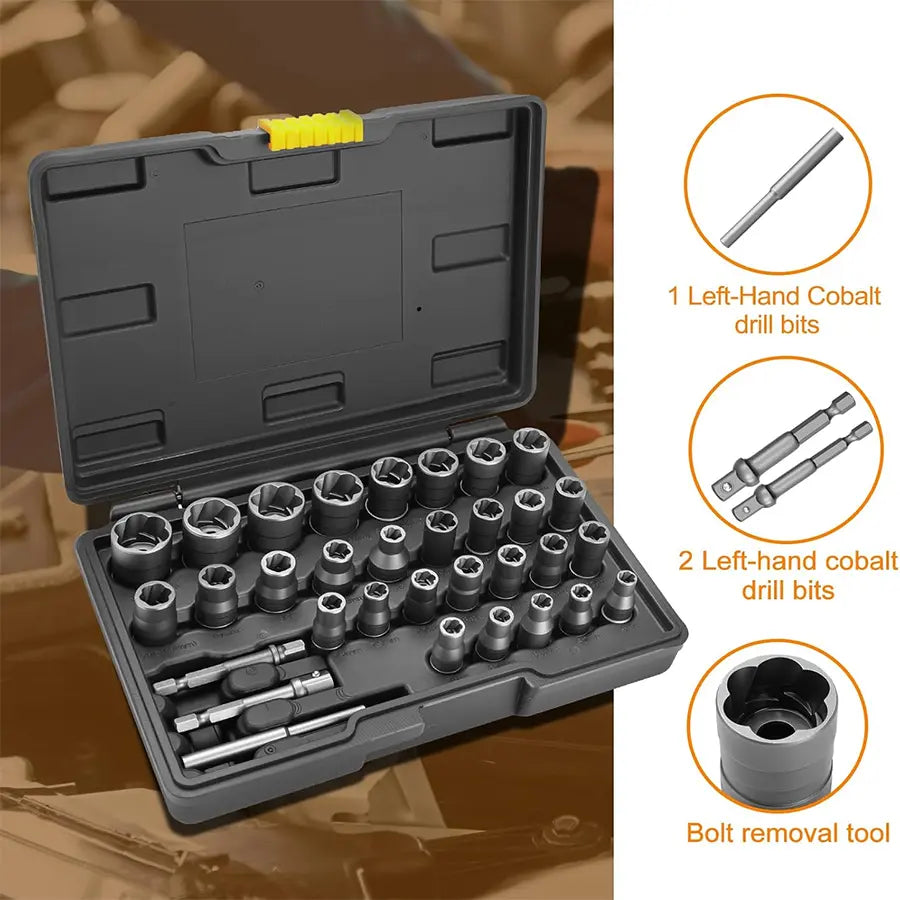 Upgrade Bolt Extractor Set, 32 Counts Impact Bolt & Nut Remover Set, 6Mm to 10Mm, 13/32" to 3/4",CR-MO Steel Extraction Socket Set with Storage Case,Stripped Lug Nut Remover for Removing Damaged, Frozen, Rusted Universal Impact Impact Bolt,Gift for Him