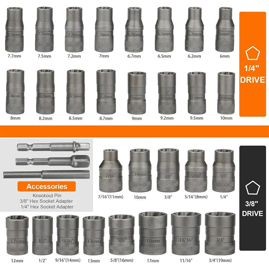Upgrade Bolt Extractor Set, 32 Counts Impact Bolt & Nut Remover Set, 6Mm to 10Mm, 13/32" to 3/4",CR-MO Steel Extraction Socket Set with Storage Case,Stripped Lug Nut Remover for Removing Damaged, Frozen, Rusted Universal Impact Impact Bolt,Gift for Him