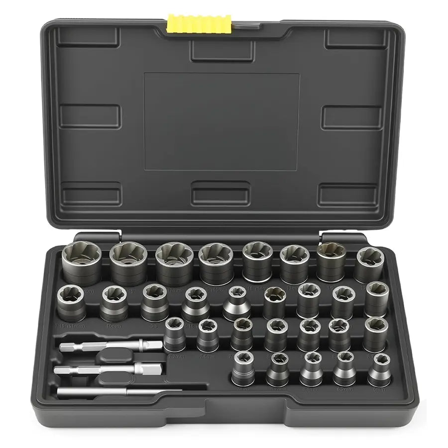 Upgrade Bolt Extractor Set, 32 Counts Impact Bolt & Nut Remover Set, 6Mm to 10Mm, 13/32" to 3/4",CR-MO Steel Extraction Socket Set with Storage Case,Stripped Lug Nut Remover for Removing Damaged, Frozen, Rusted Universal Impact Impact Bolt,Gift for Him