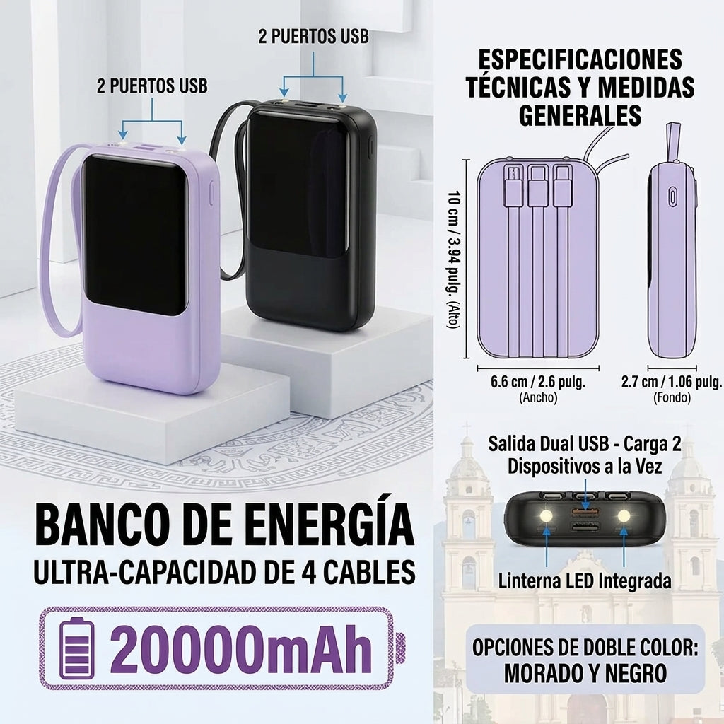 Power Bank portátil con cables integrados 20,000 Mah